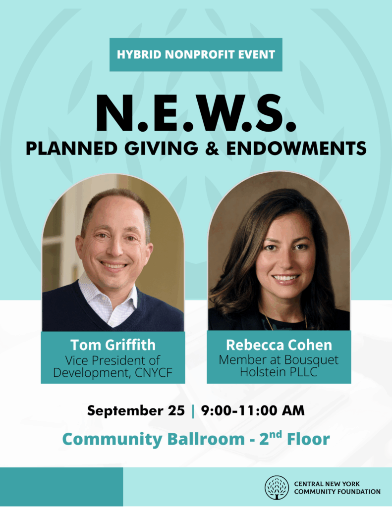 Syracuse attorney Rebecca Cohen presents on planned giving and endowments to nonprofits at the Central New York Community Foundation.